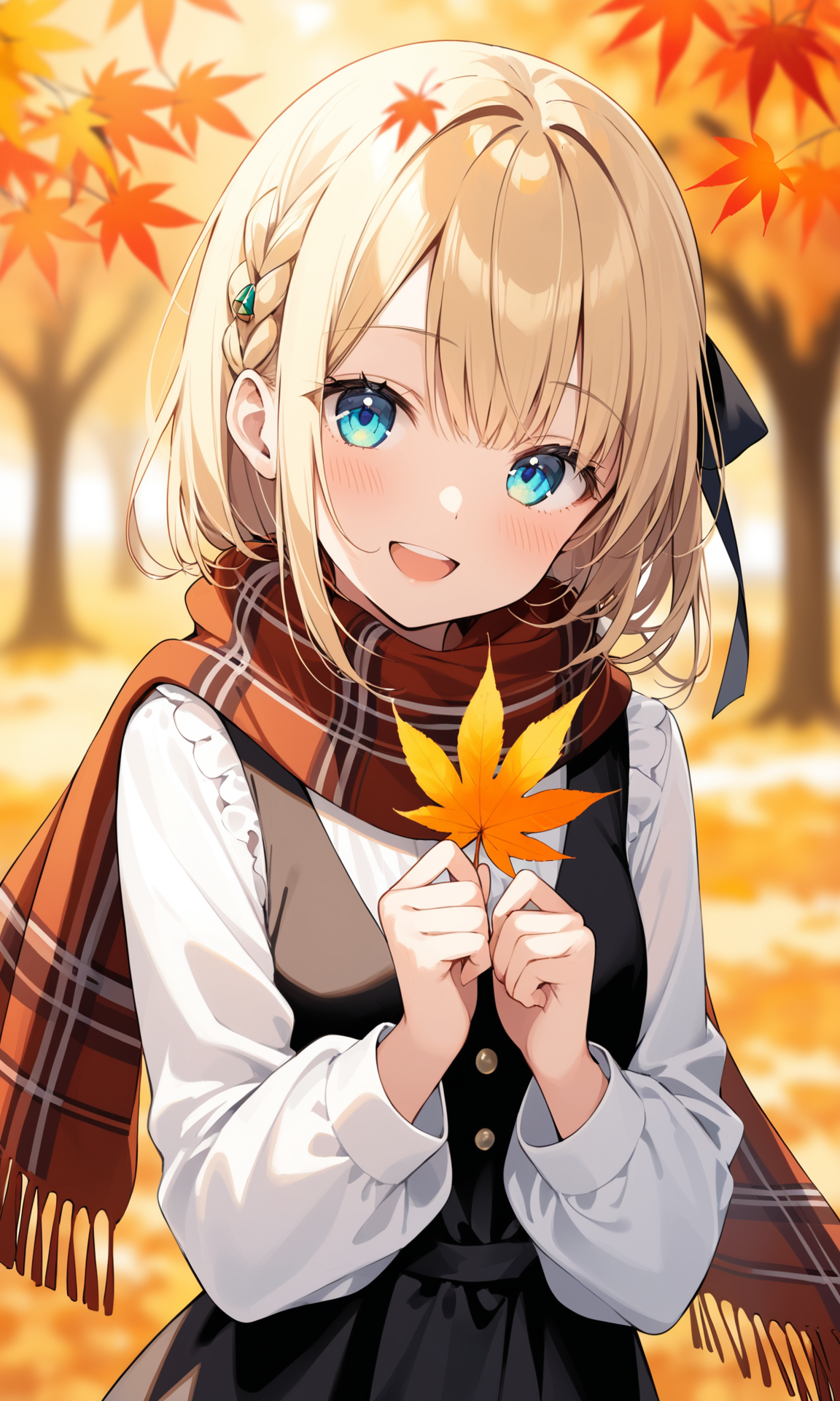 2916514-2542084333-1girl,solo,maple leaf,autumn leaves,holding,smile,leaf,holding leaf,hair ribbon,looking at viewer,blurry,open mouth,bangs,shirt,.png